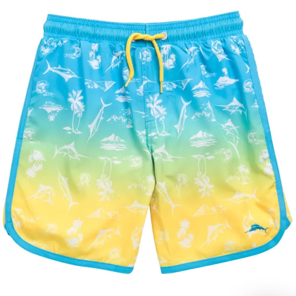 NWT Tommy Bahama Boys Beach Print Swim Trunks Sz 7 Blue and Yellow Logo Printed